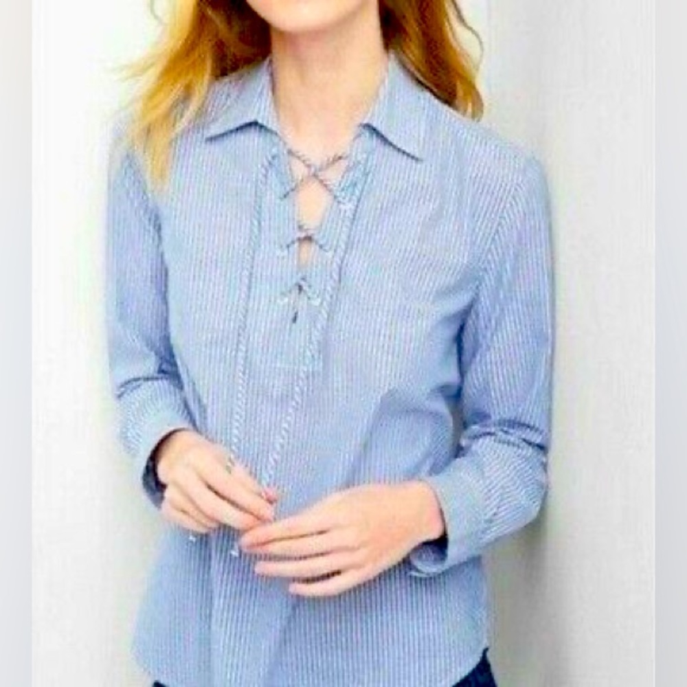 Gap pinstriped Blue White Long Sleeve lace up